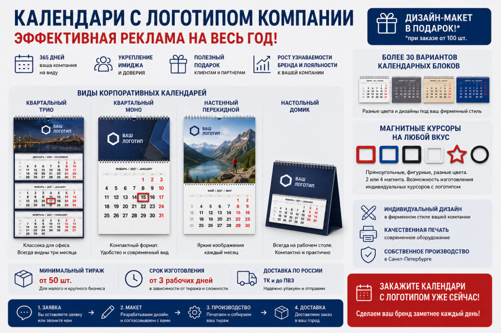 Календари с логотипом компании: виды, идеи и варианты изготовления