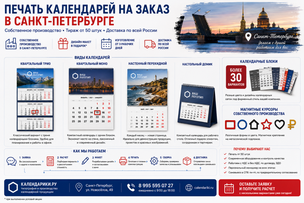 Печать календарей на заказ в Санкт-Петербурге: виды, сроки и стоимость